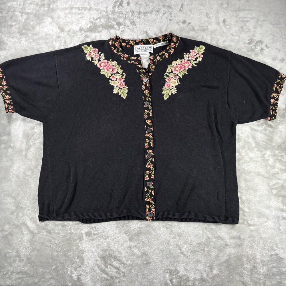 Jantzen Classics Womens Black Short Sleeve Floral Embroidered Cardigan Sweater X